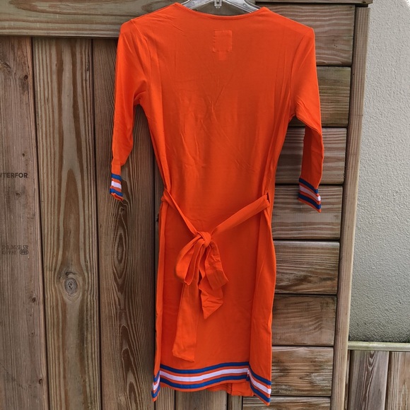 NWOT- CHRISTINE & TAYLOR 3/4 Sleeve Wrap Dress - Orange blue white stripes - Picture 4 of 8